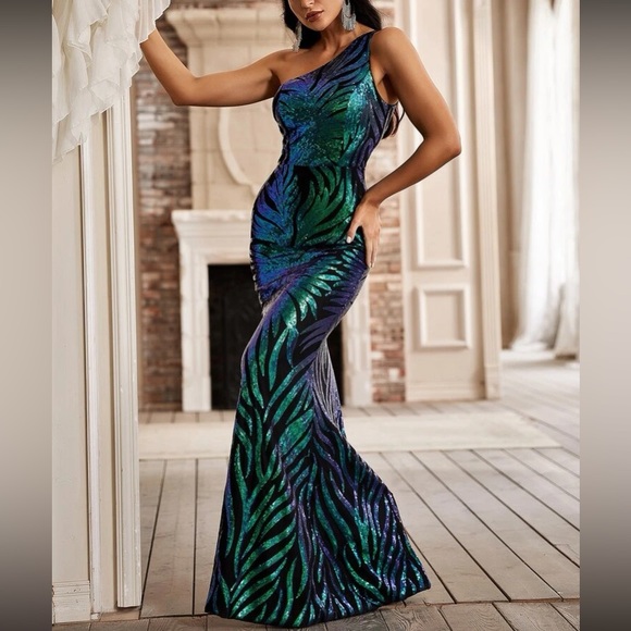 Luxe one shoulder prom bridesmaids formal sequins gown dress - Picture 3 of 9